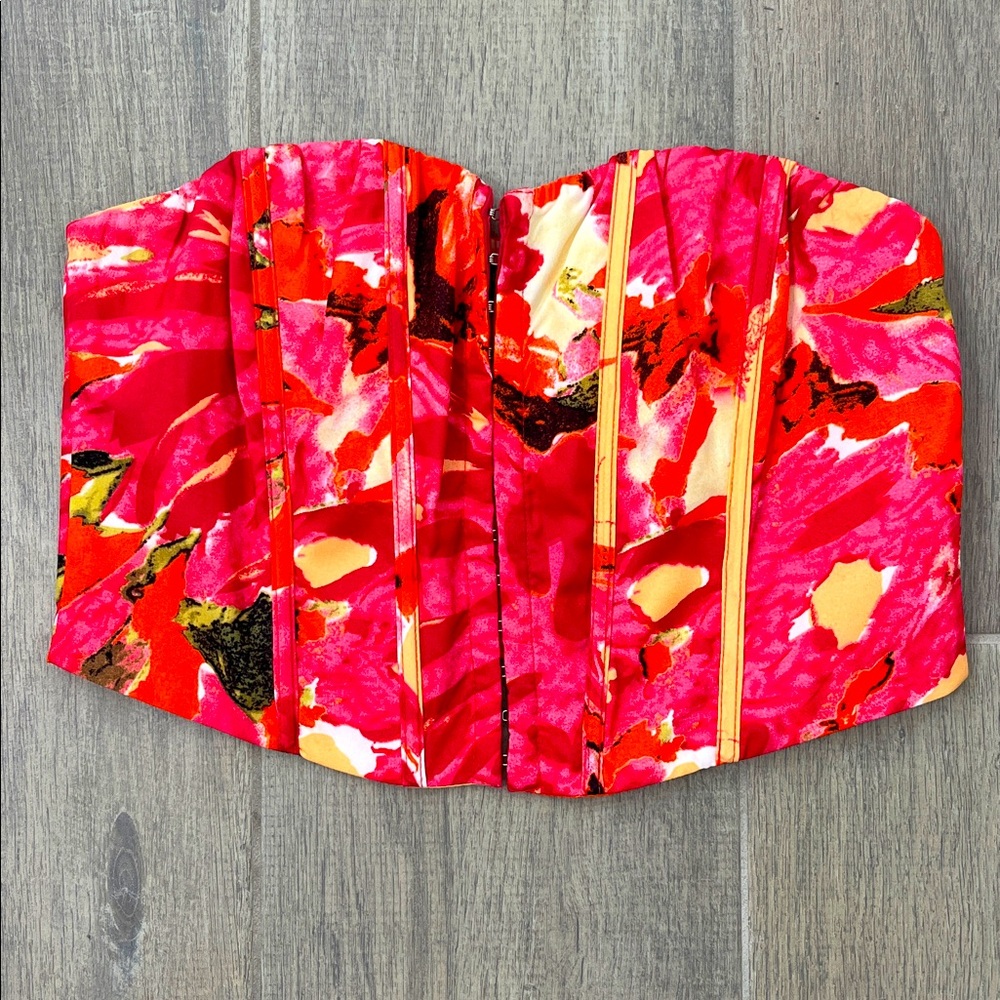White fox bustier top. So pretty. Pink with flowers. Size Large.